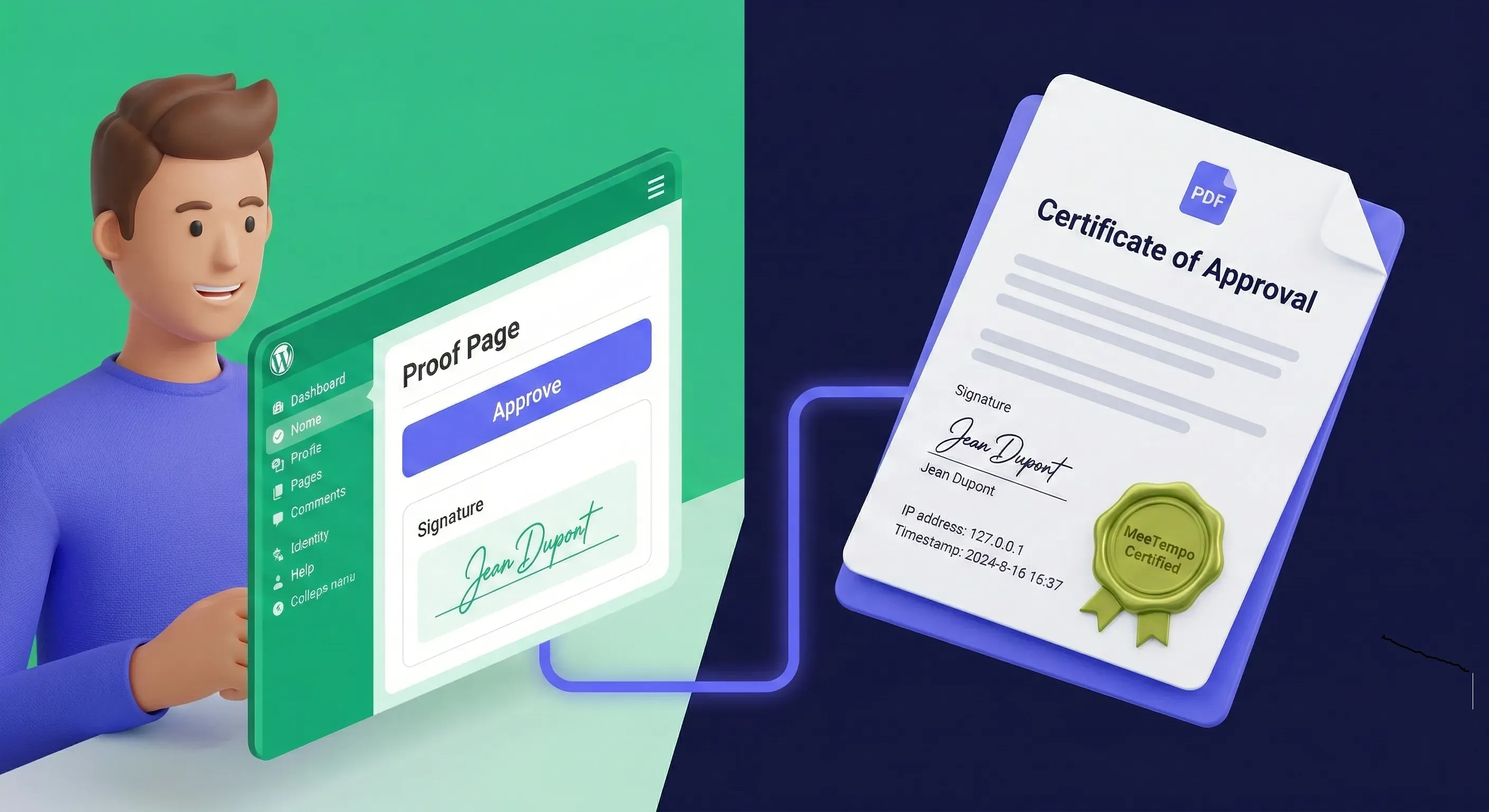 Client approves a page in WordPress and receives a Certificate of Approval PDF