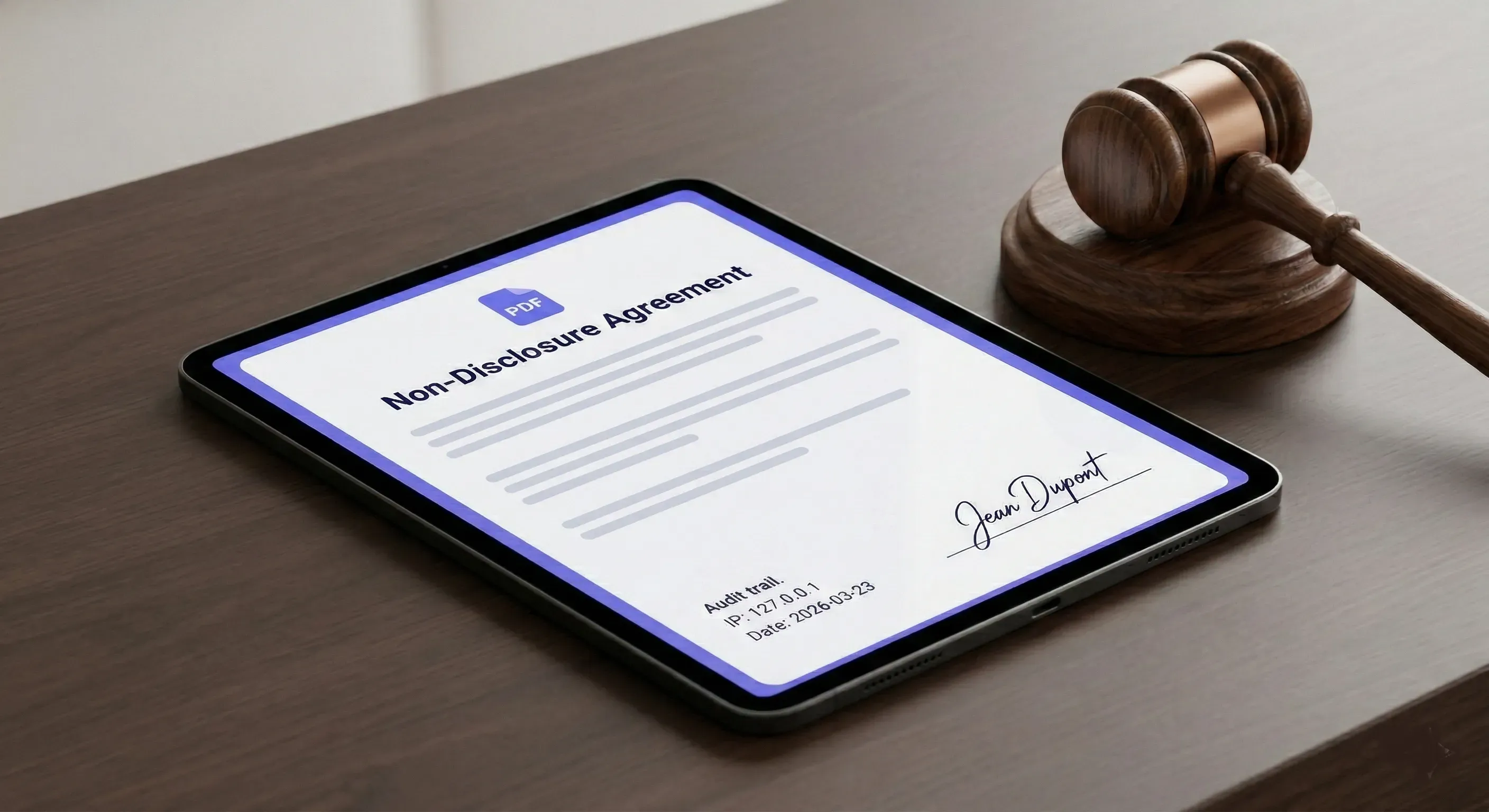 Signed legal document on tablet with gavel — timestamped proof of approval