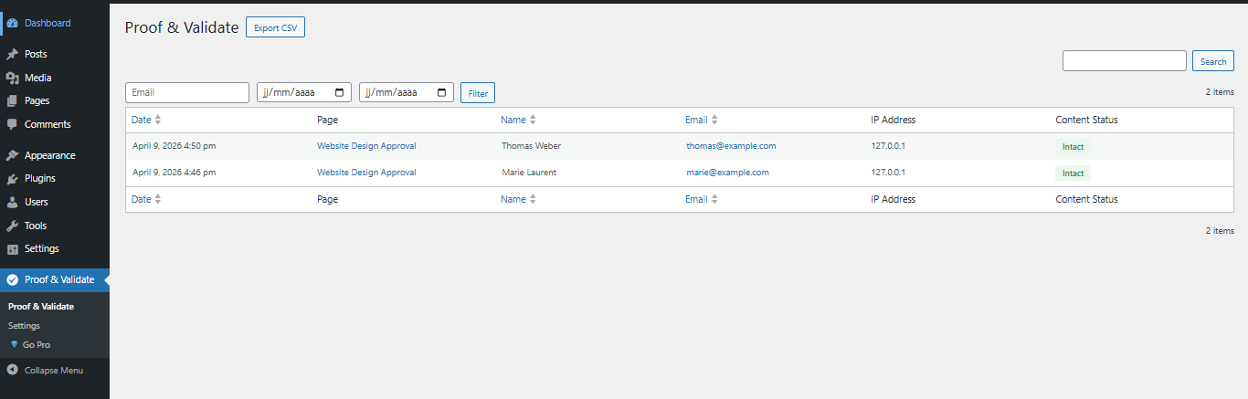 Admin dashboard with validation log