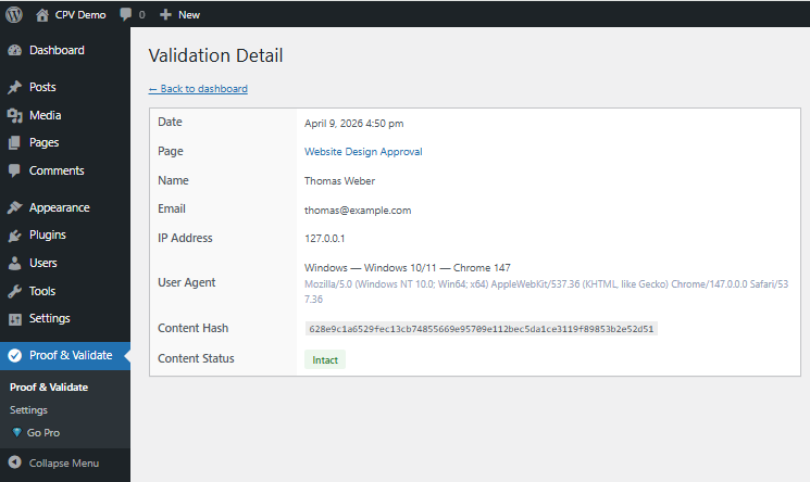 Validation detail view with SHA256 hash