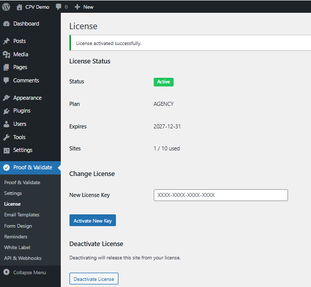 License activation page showing active PRO license
