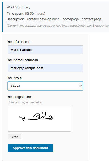 Approval form with handwritten signature canvas and role dropdown