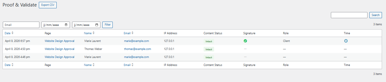 Admin dashboard with PRO columns: Signature, Role, Time