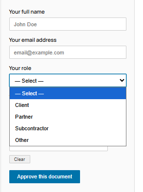 Role dropdown open showing Client, Partner, Subcontractor options