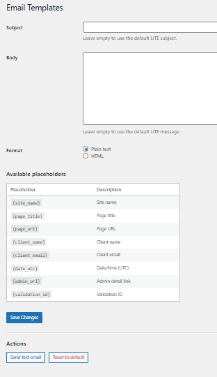 Email template editor with placeholders