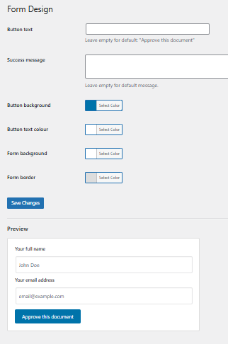 Form design customizer with color pickers and live preview